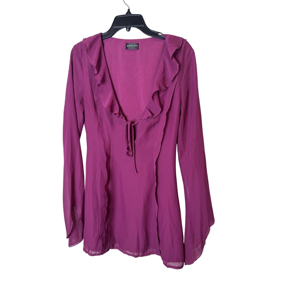 White Fox Blouse Womens Medium Purple Ruffle V Neck‎ Sheer Long Sleeve Tunic